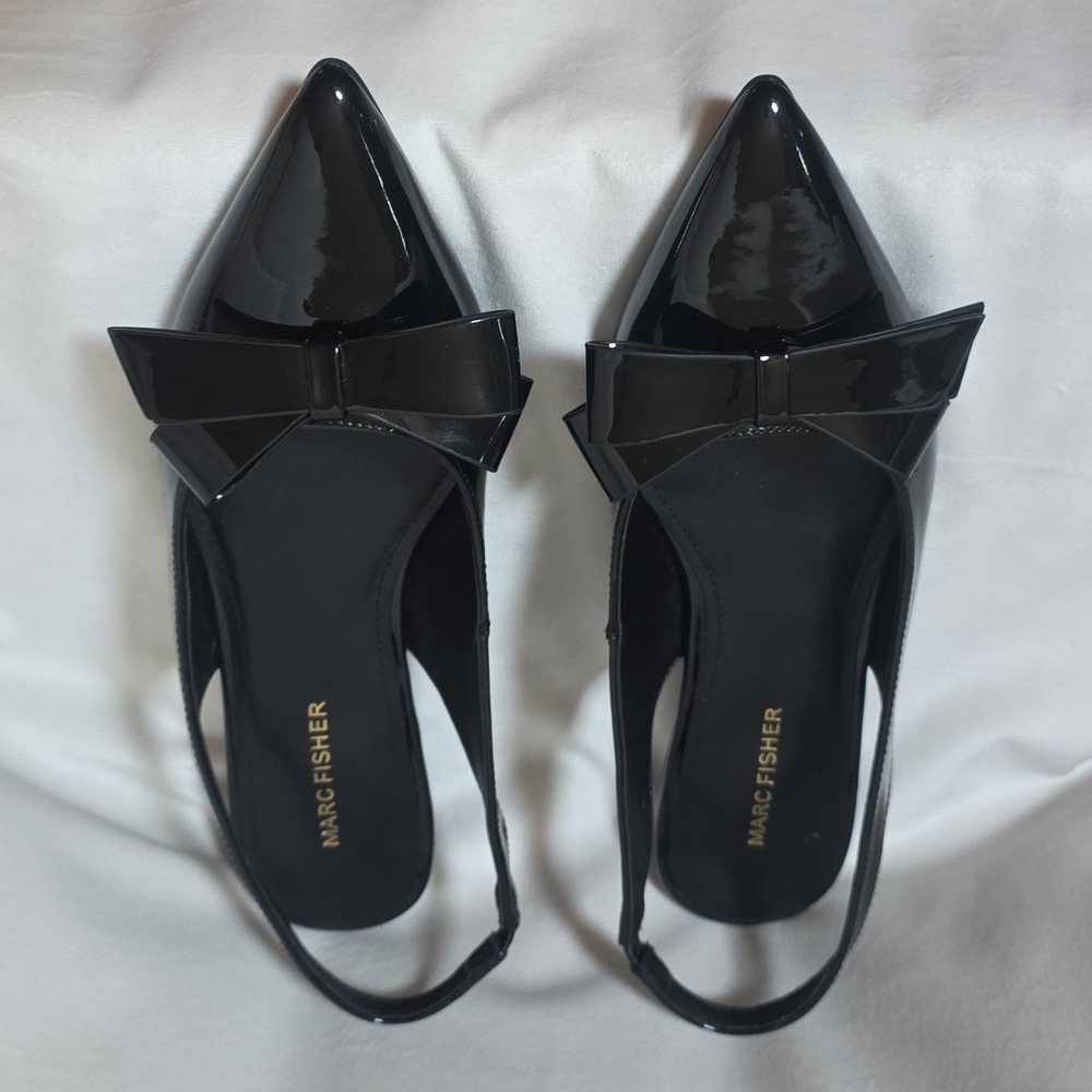 NWOT Marc Fisher Black Patent Leather Bow Pointed Toe Slingback Heels 9M - Picture 2 of 14